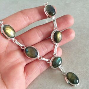 NATURAL OVAL BLUE FIREY LABRADORITE STERLING SILVER NECKLACE